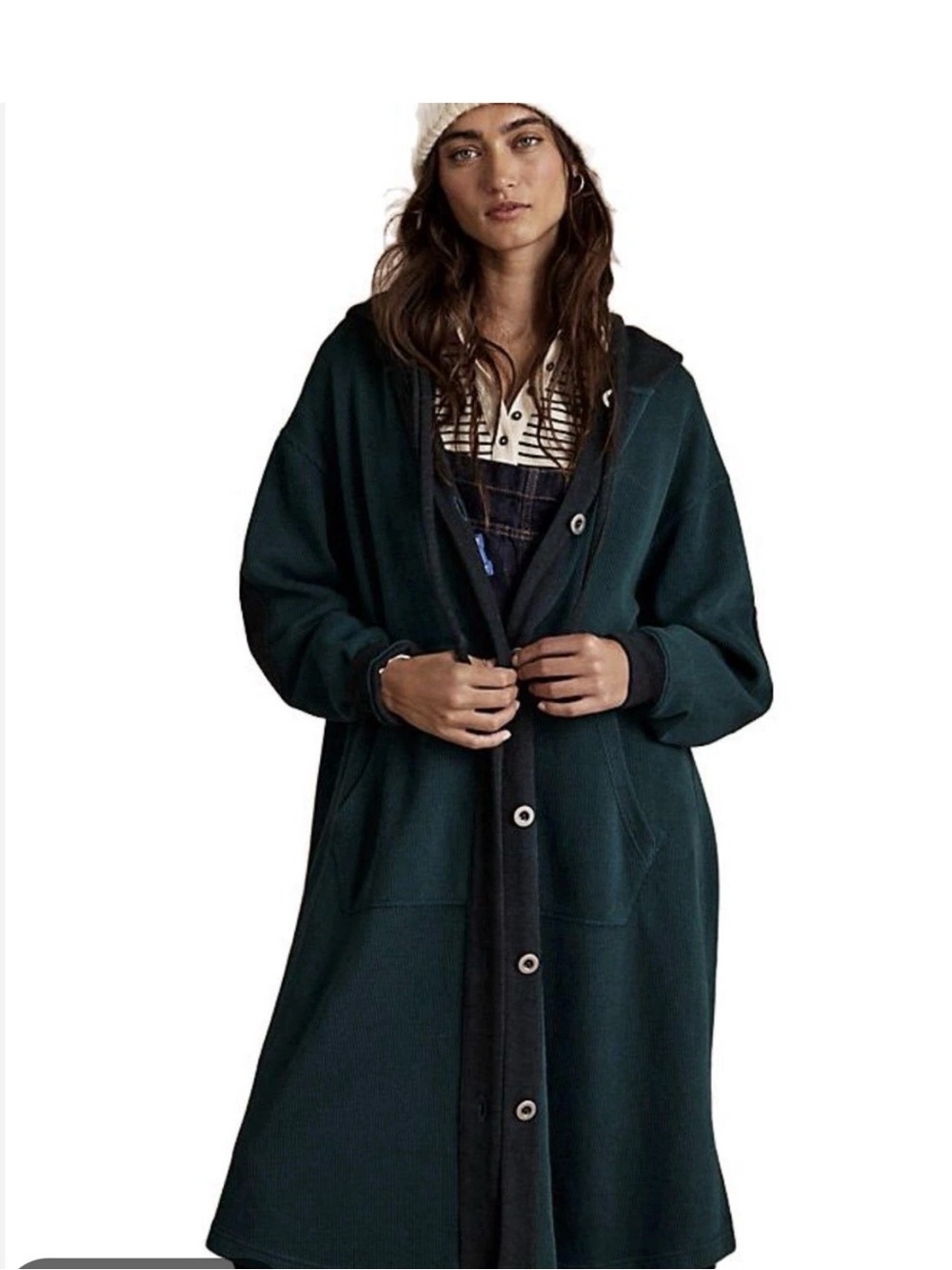 Free People Tomorrows Sweatshirt Cardigan Hooded Maxi Ribbed Button Forrest - Picture 4 of 5